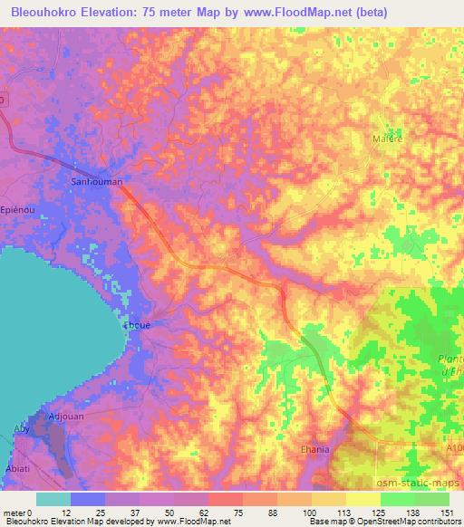 Bleouhokro,Ivory Coast Elevation Map