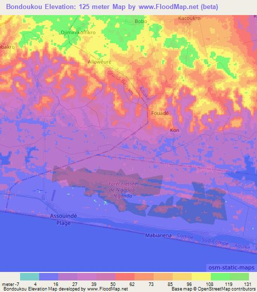 Bondoukou,Ivory Coast Elevation Map