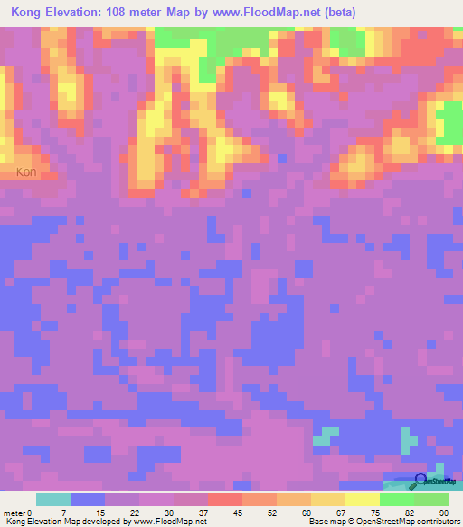 Kong,Ivory Coast Elevation Map
