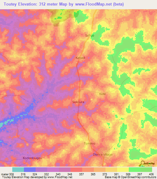 Toutey,Ivory Coast Elevation Map