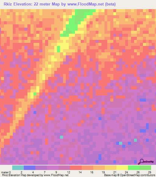 Rkiz,Mauritania Elevation Map