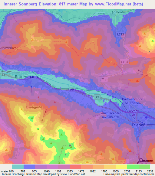 Innerer Sonnberg,Austria Elevation Map