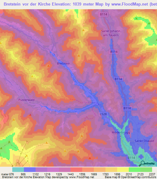 Bretstein vor der Kirche,Austria Elevation Map