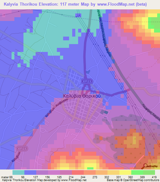 Kalyvia Thorikou,Greece Elevation Map
