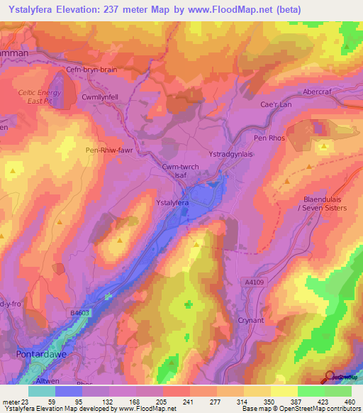 Ystalyfera,UK Elevation Map