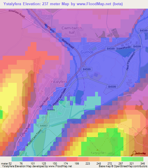 Ystalyfera,UK Elevation Map