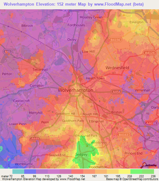 Wolverhampton,UK Elevation Map