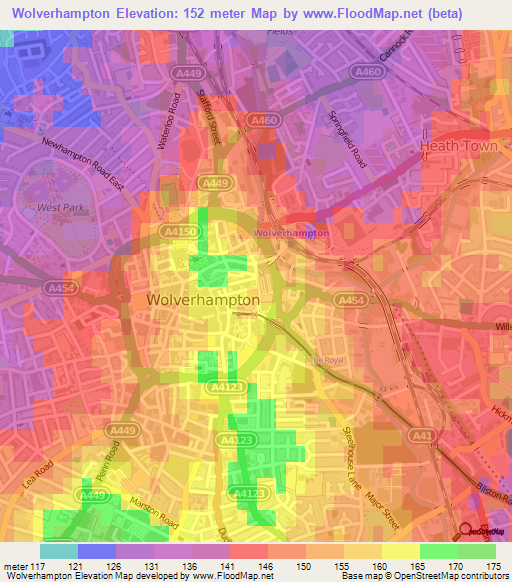 Wolverhampton,UK Elevation Map