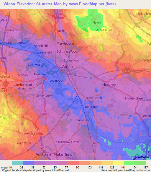 Wigan,UK Elevation Map