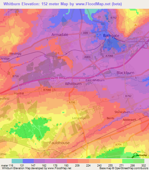 Whitburn,UK Elevation Map