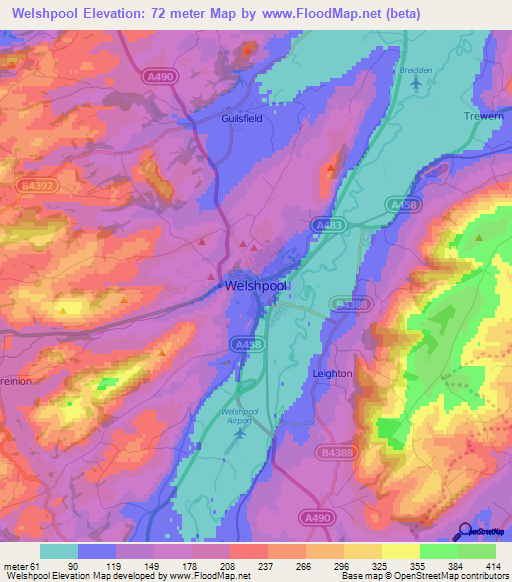 Welshpool,UK Elevation Map