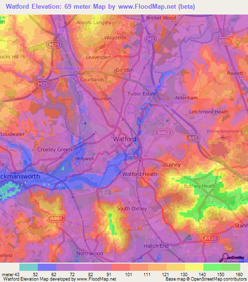 Watford,UK Elevation Map