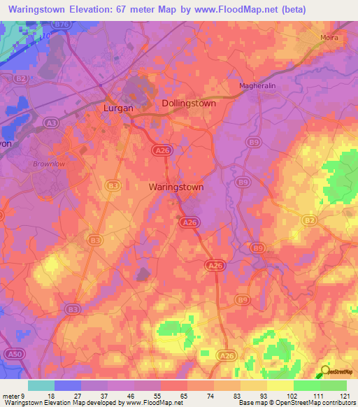 Waringstown,UK Elevation Map