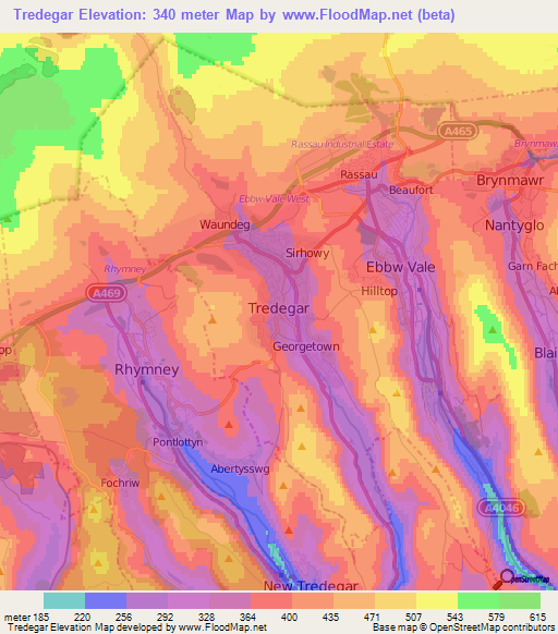 Tredegar,UK Elevation Map