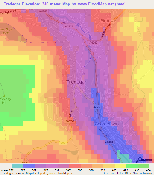 Tredegar,UK Elevation Map