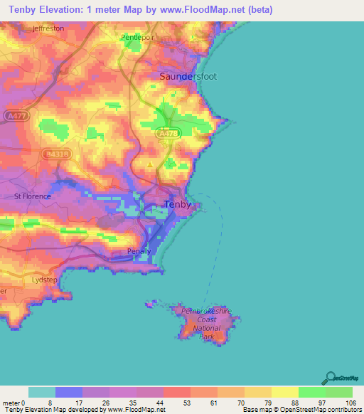 Tenby,UK Elevation Map