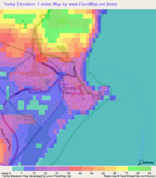Tenby,UK Elevation Map