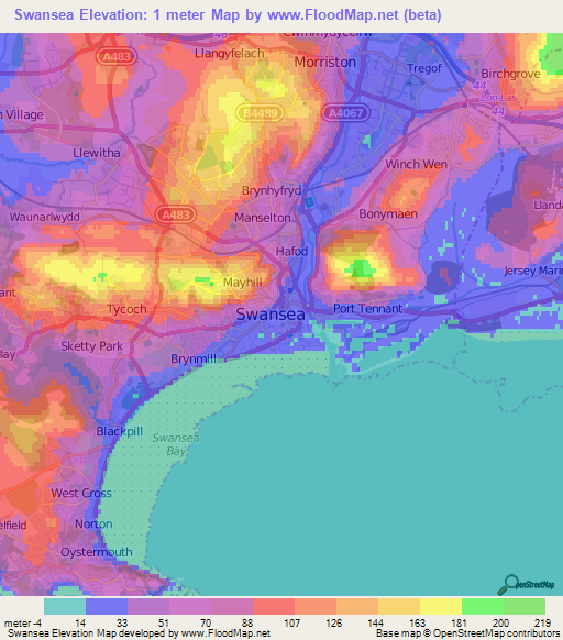 Swansea,UK Elevation Map