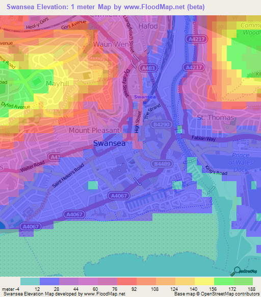 Swansea,UK Elevation Map