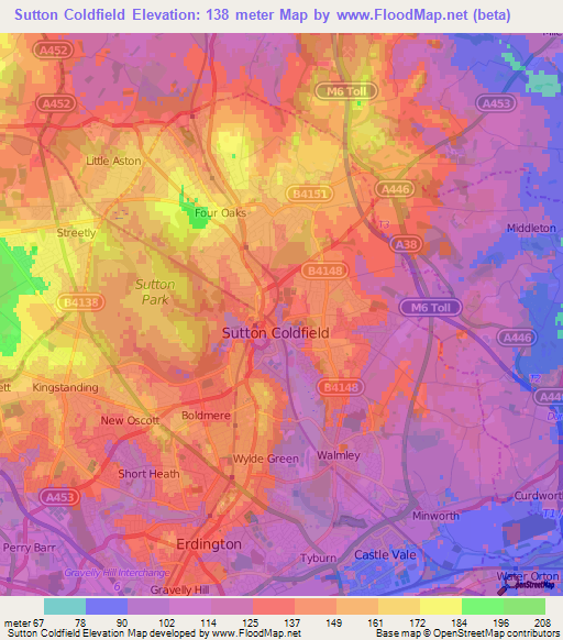 Sutton Coldfield,UK Elevation Map