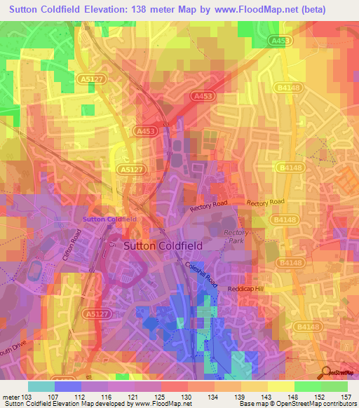 Sutton Coldfield,UK Elevation Map