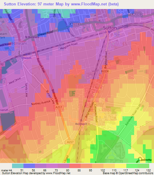 Sutton,UK Elevation Map