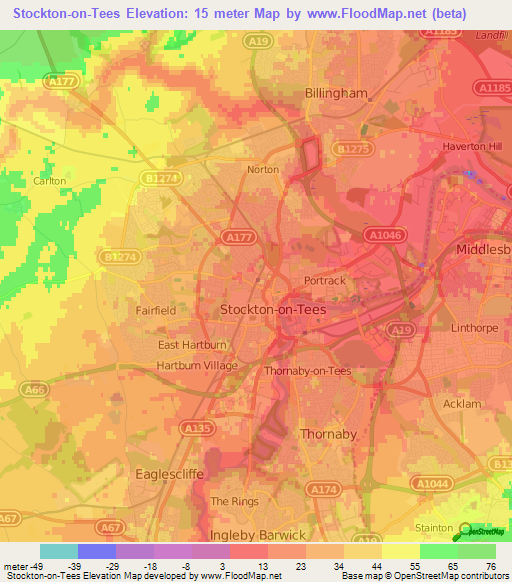 Stockton-on-Tees,UK Elevation Map