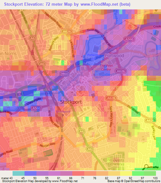 Stockport,UK Elevation Map