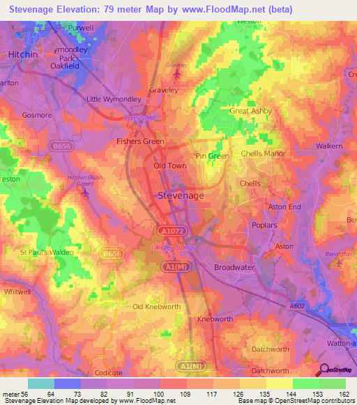 Stevenage,UK Elevation Map