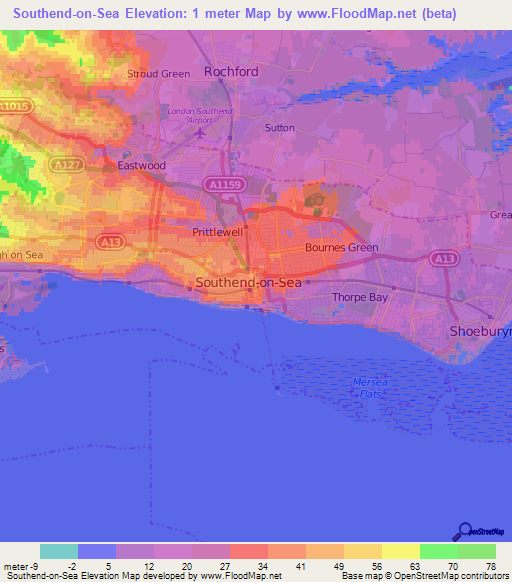 Southend-on-Sea,UK Elevation Map