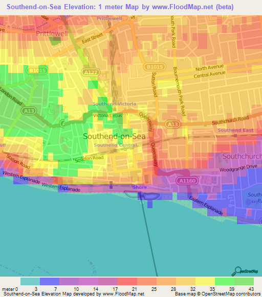 Southend-on-Sea,UK Elevation Map