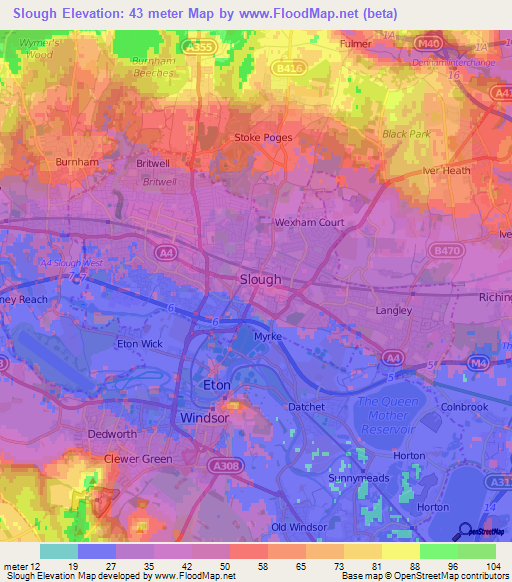 Slough,UK Elevation Map