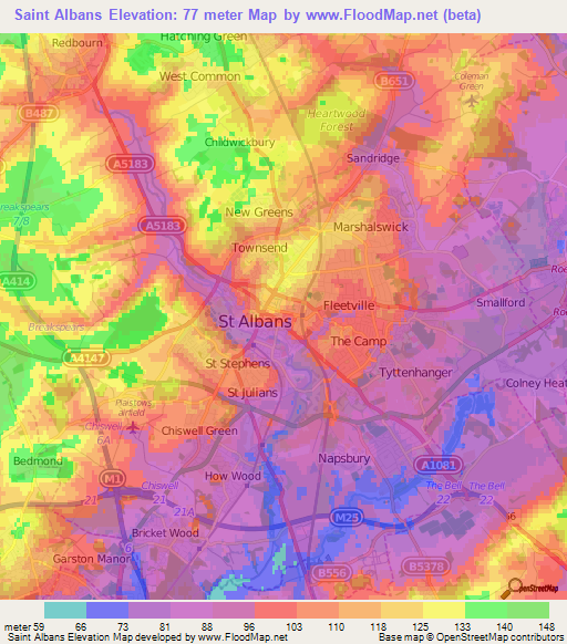 Saint Albans,UK Elevation Map
