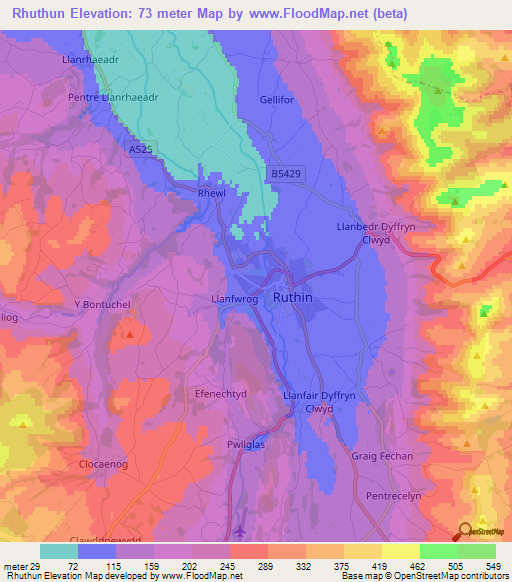 Rhuthun,UK Elevation Map