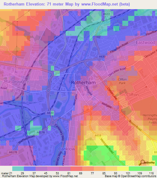 Rotherham,UK Elevation Map