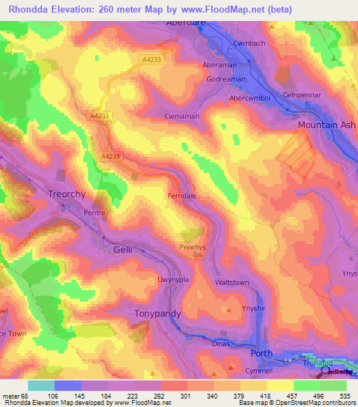 Rhondda,UK Elevation Map