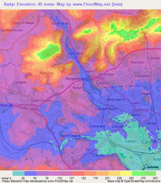 Radyr,UK Elevation Map