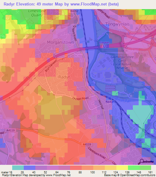 Radyr,UK Elevation Map