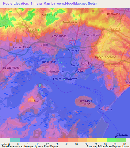 Poole,UK Elevation Map