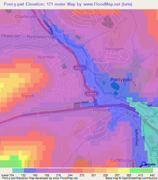 Pont-y-pwl,UK Elevation Map