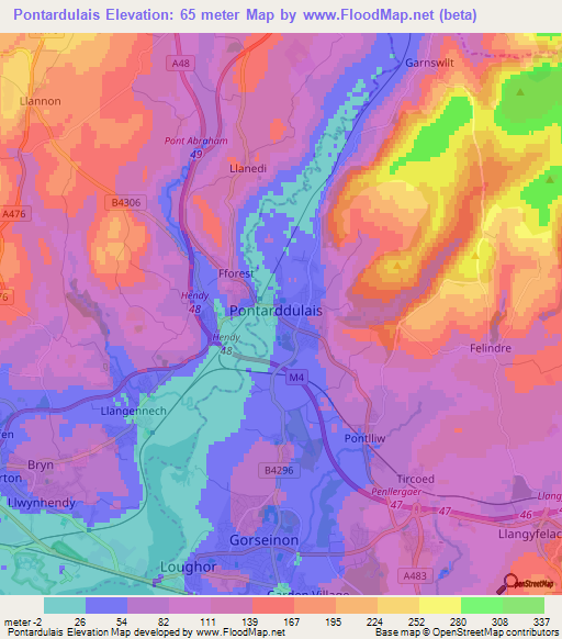 Pontardulais,UK Elevation Map