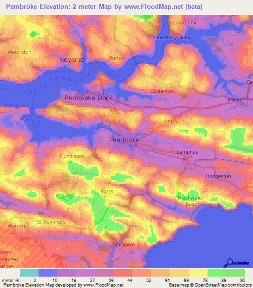 Pembroke,UK Elevation Map