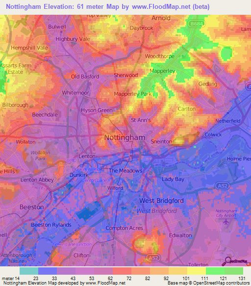 Nottingham,UK Elevation Map