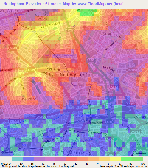 Nottingham,UK Elevation Map