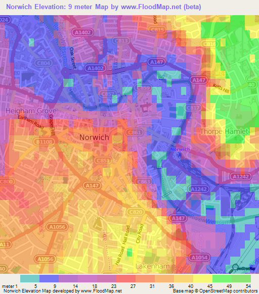 Norwich,UK Elevation Map