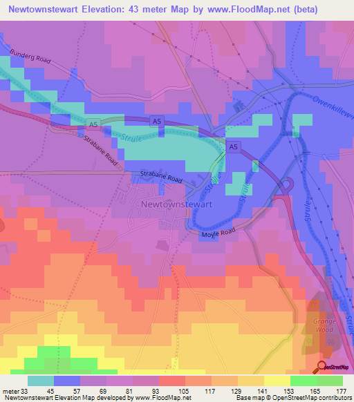Newtownstewart,UK Elevation Map