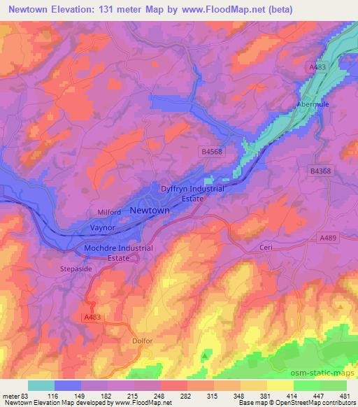 Newtown,UK Elevation Map