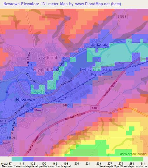 Newtown,UK Elevation Map