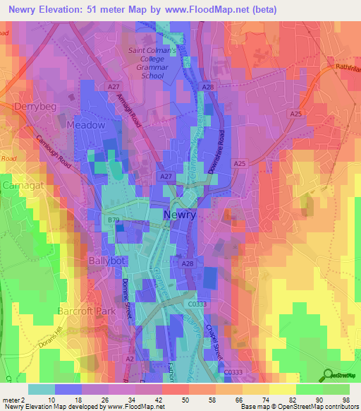 Newry,UK Elevation Map