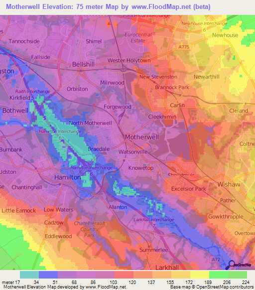 Motherwell,UK Elevation Map